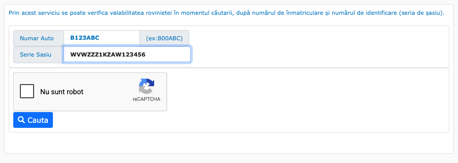 Introdu seria șasiului (VIN)